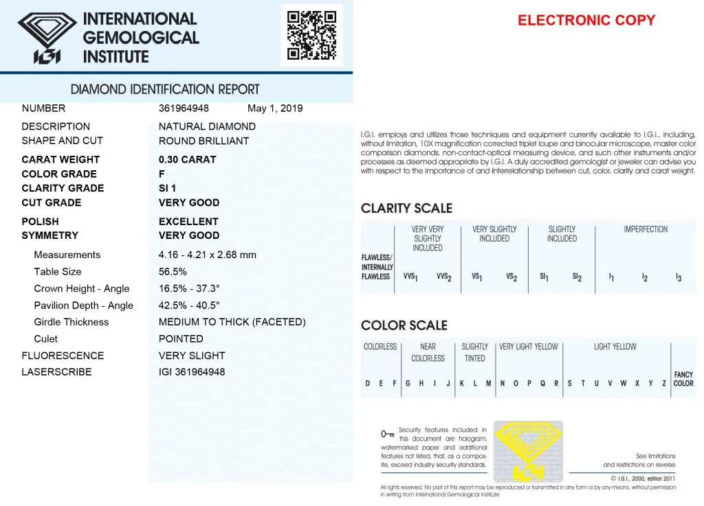 Diamante Certificato IGI - ct. 0,30 Colore F Purezza SI1