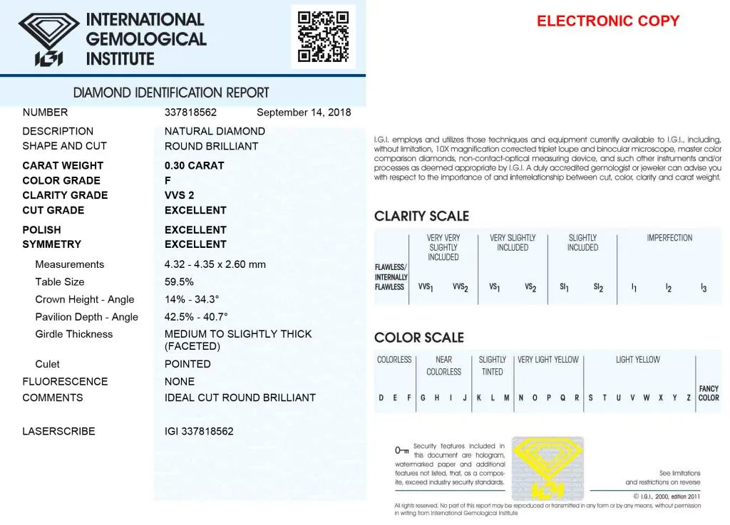 Diamante Certificato IGI - ct. 0,30 Colore F Purezza VVSI2