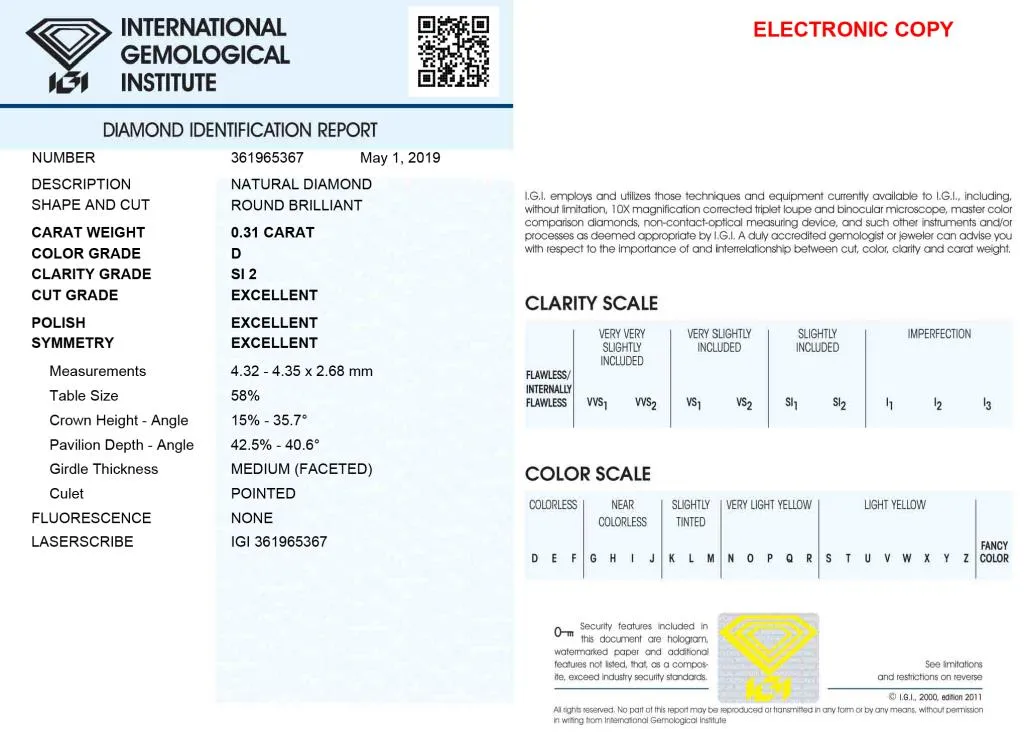 Diamante Certificato IGI - ct. 0,31 Colore D Purezza SI2