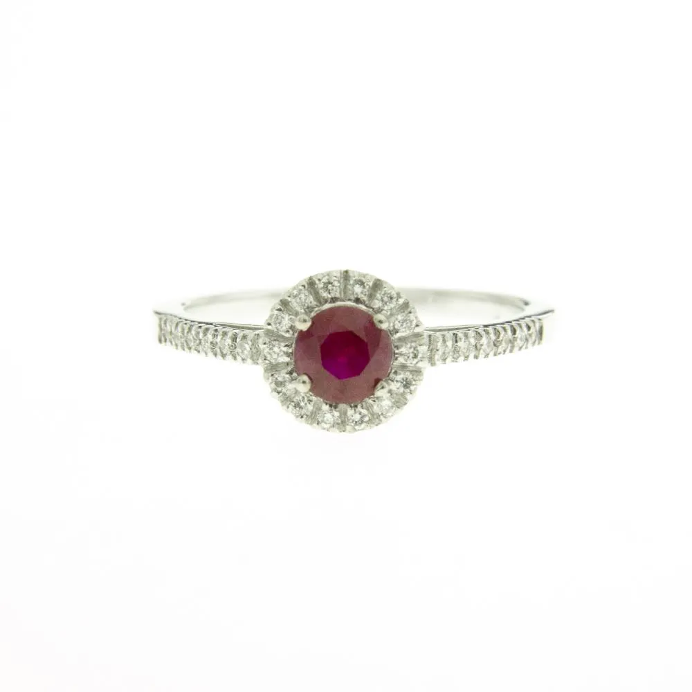 ANELLO CONTORNO SGRIFFATO DIAMANTI E RUBINO TONDO