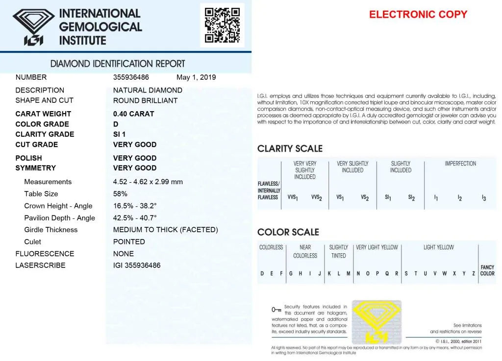 Diamante Certificato IGI - ct. 0,40 Colore D Purezza SI1