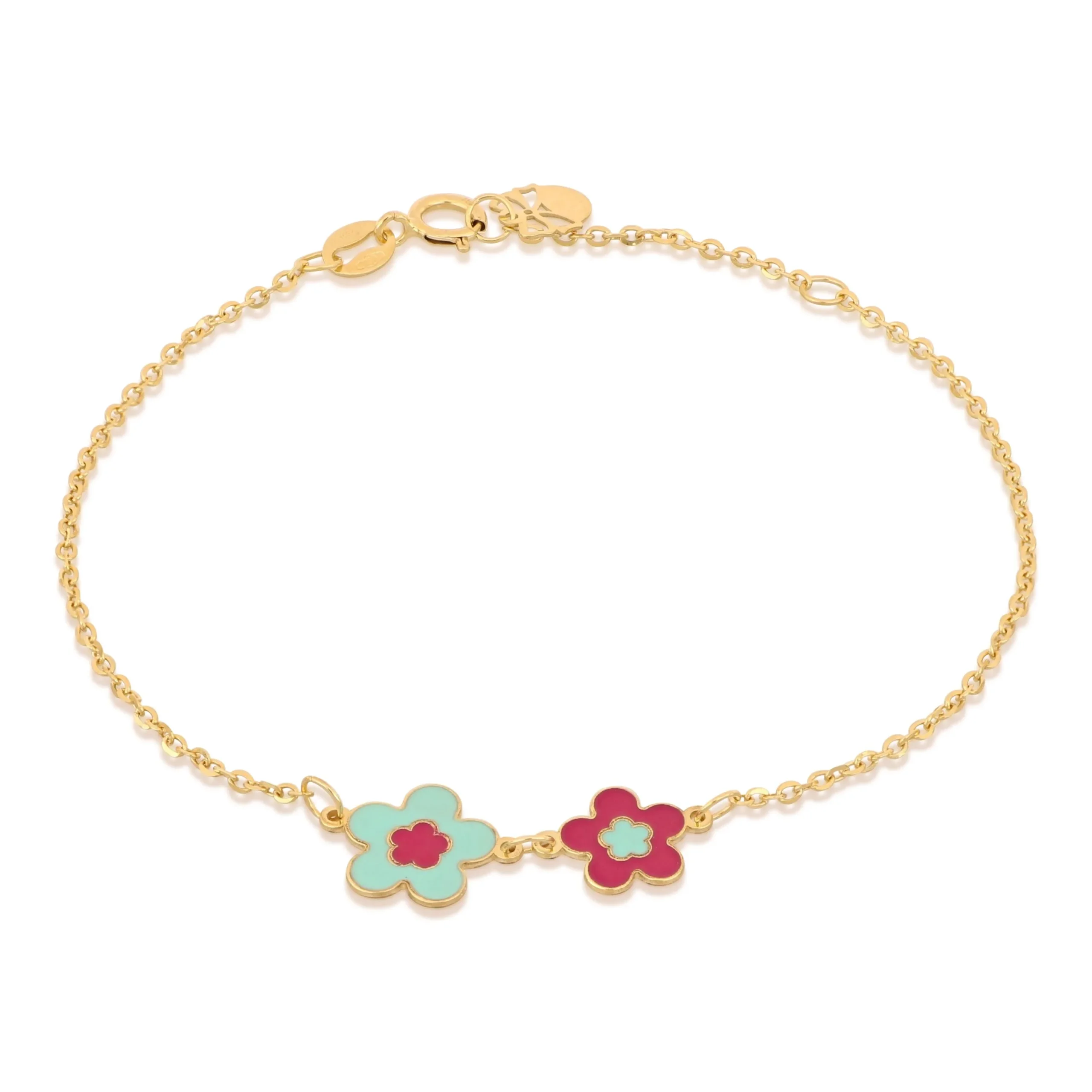 Bracciale bambina in oro giallo 18 carati con fiori colorati