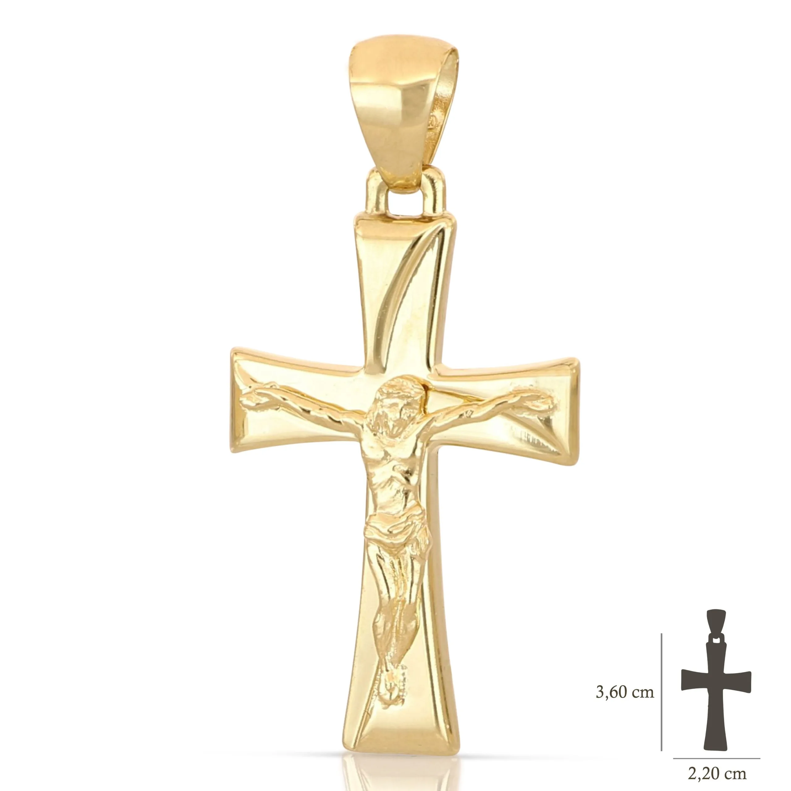 Ciondolo croce scatolata con cristo in oro giallo 18 kt