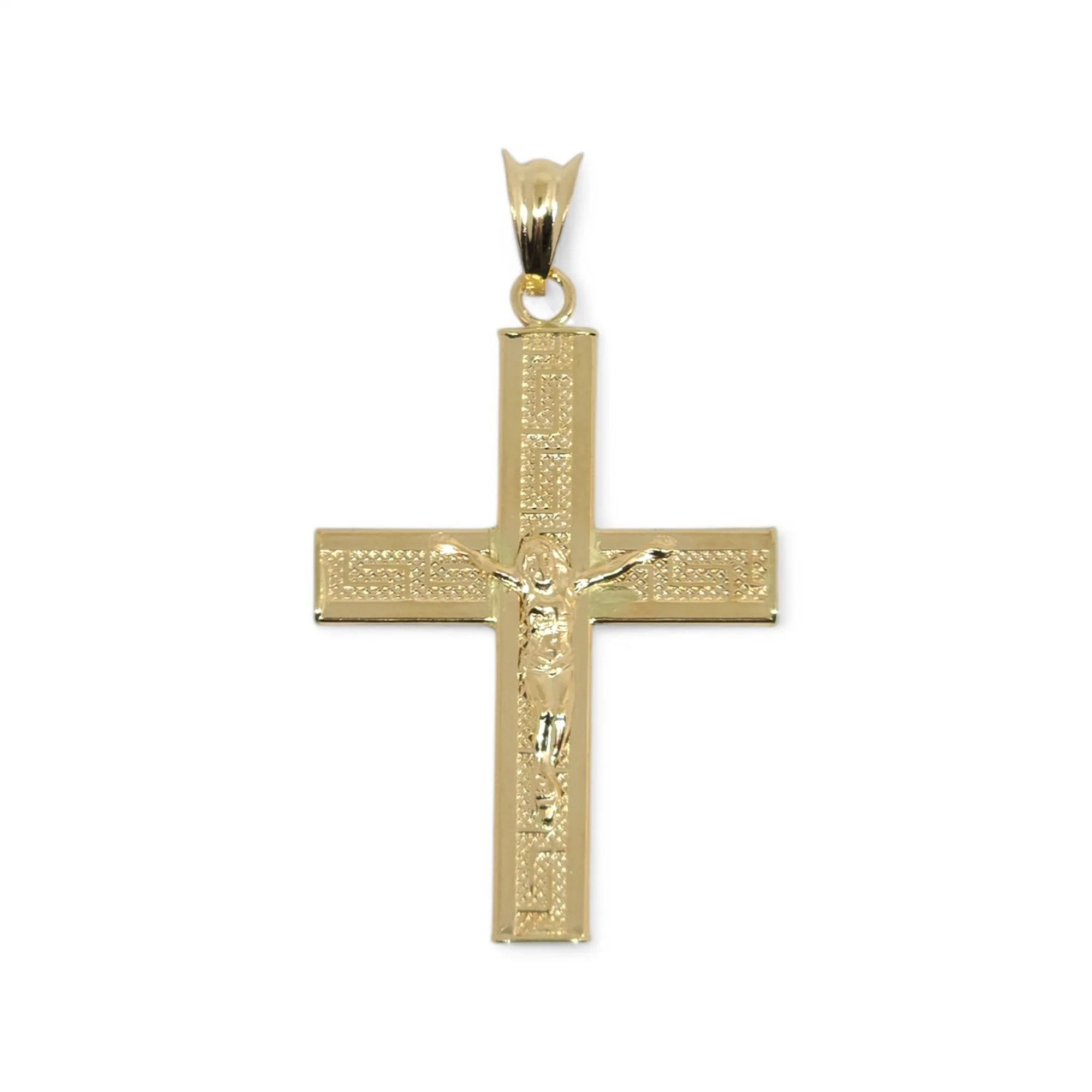 Ciondolo croce vuota con cristo a rilievo lavorata in oro giallo 18 kt