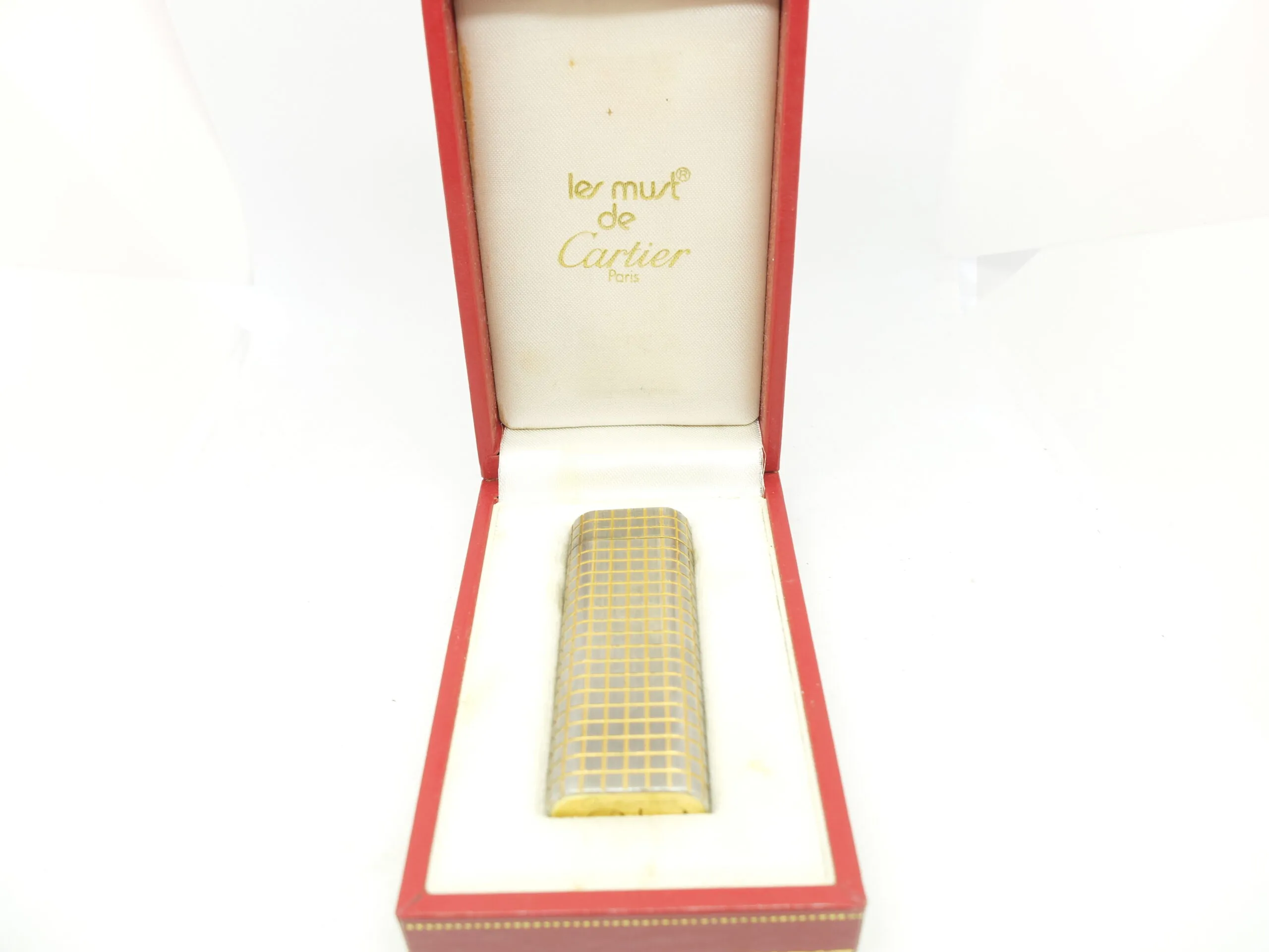 Accendino LE MUST CARTIER Paris 1989 quadrettato Placcato Oro 20 micron Originale Scatola 353ve18