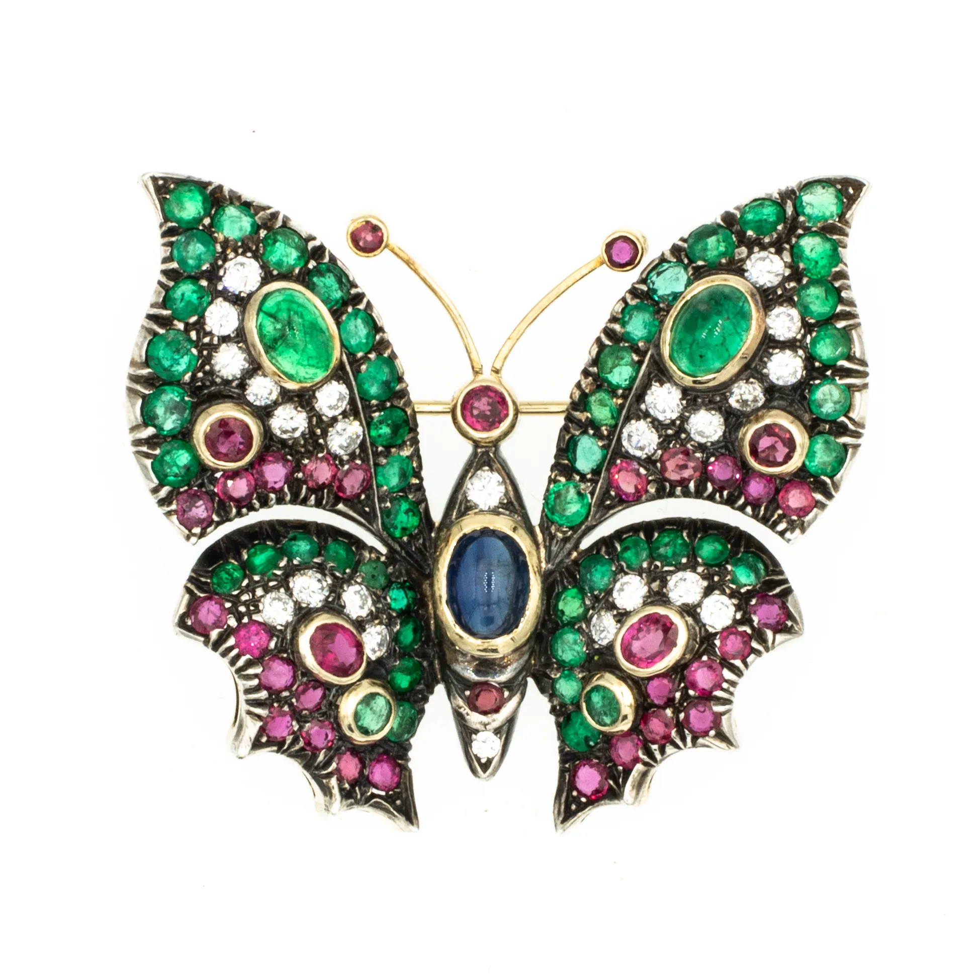 Spilla oro giallo 18 kt 750 Farfalla diamanti smeraldi rubini zaffiro -84/vv-