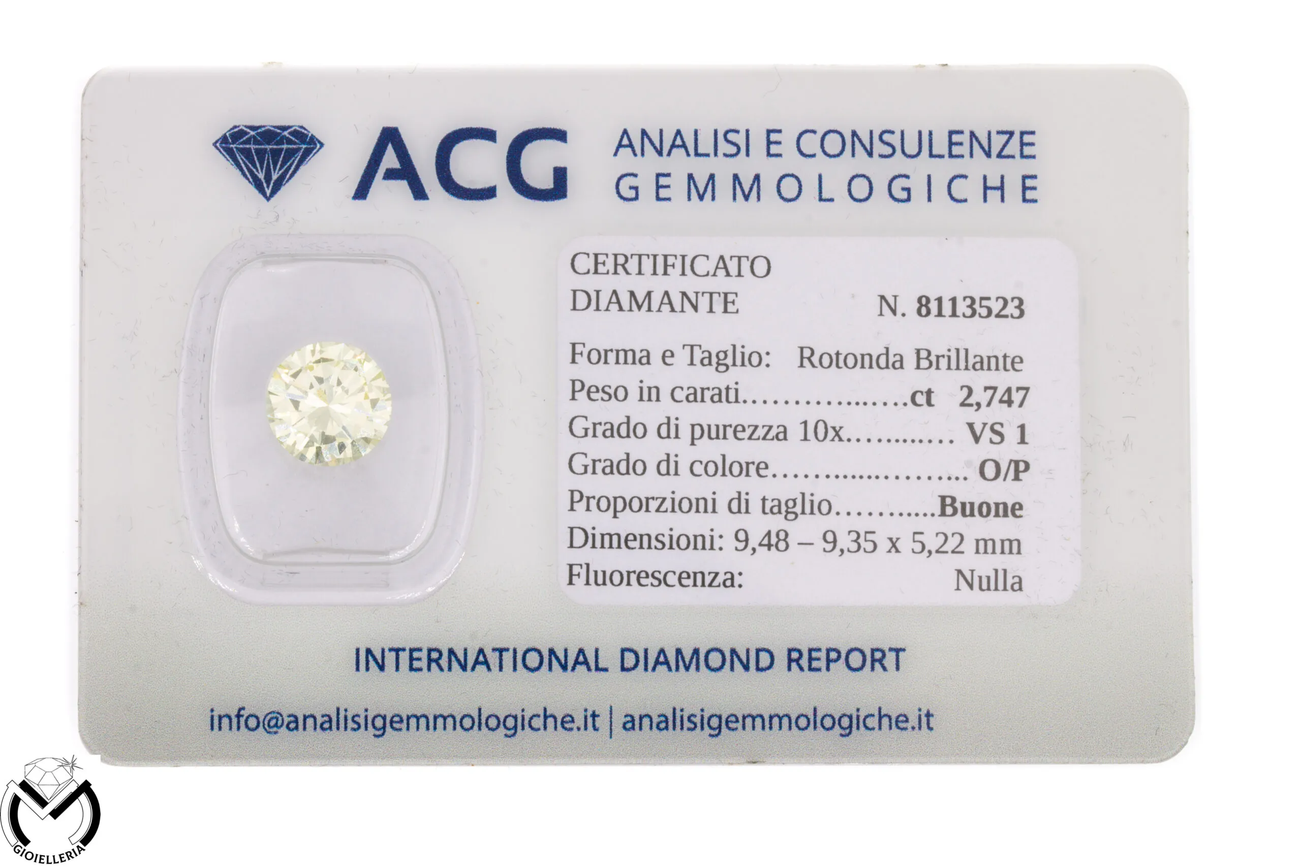 Diamante certificato ACG blisterato 2,747 ct – Colore O/P – Purezza VS1 -46/VE-