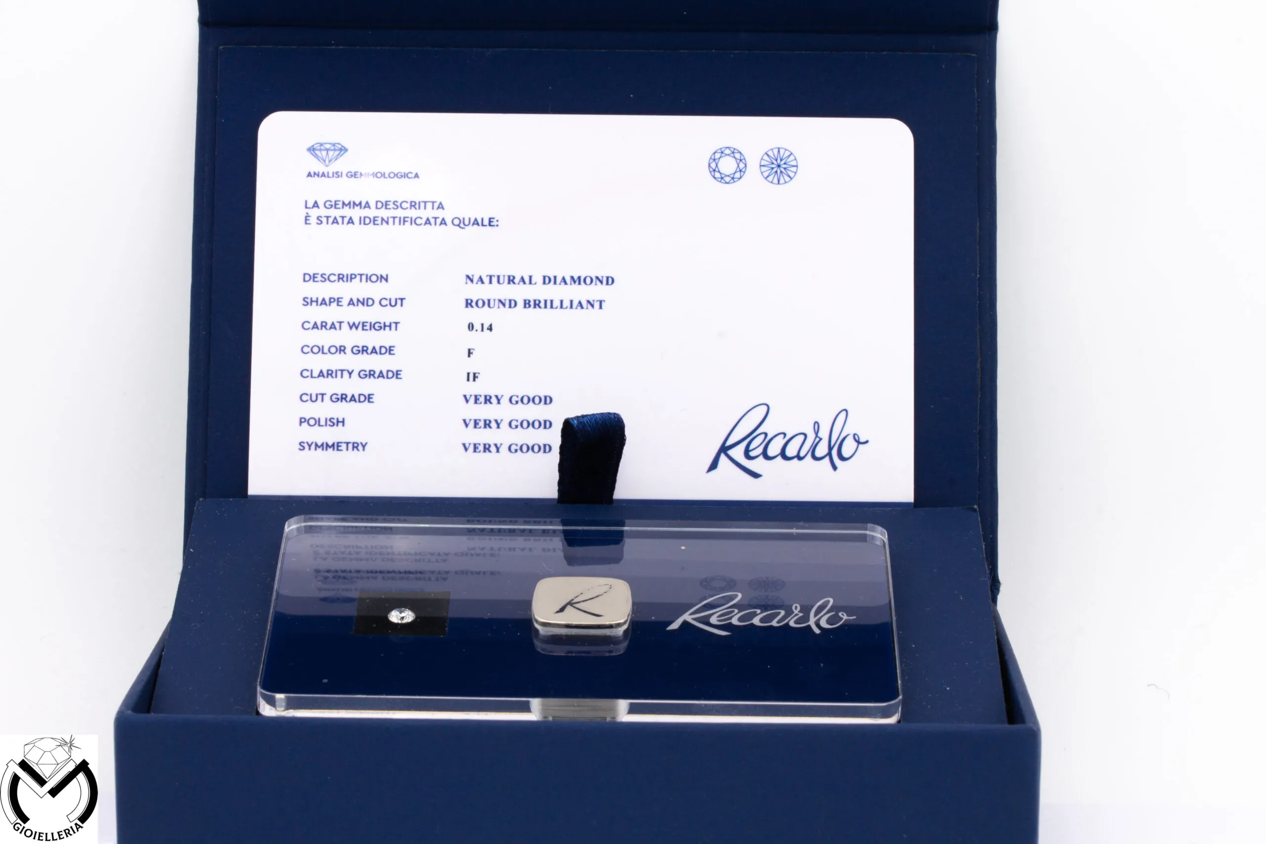 Diamante Recarlo certificato blisterato 0,14 ct – Colore F – Purezza IF -721/ST-
