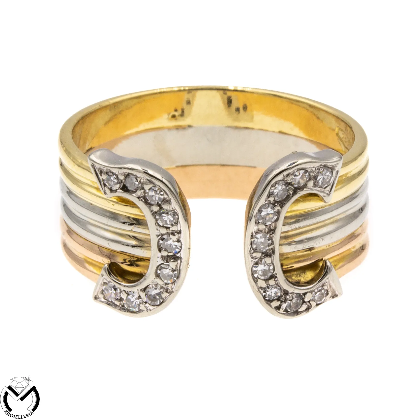 Anello 3 ori oro 18 kt 750 diamanti 0,18 ct modello Double C -434/ST-