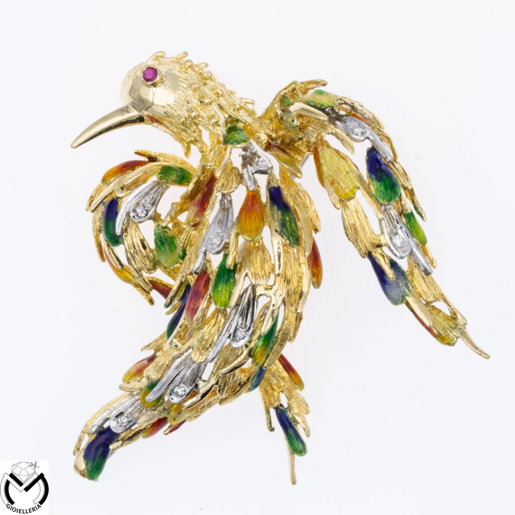 Spilla oro giallo 18 kt 750 araba fenice diamanti rubino -815/ST-