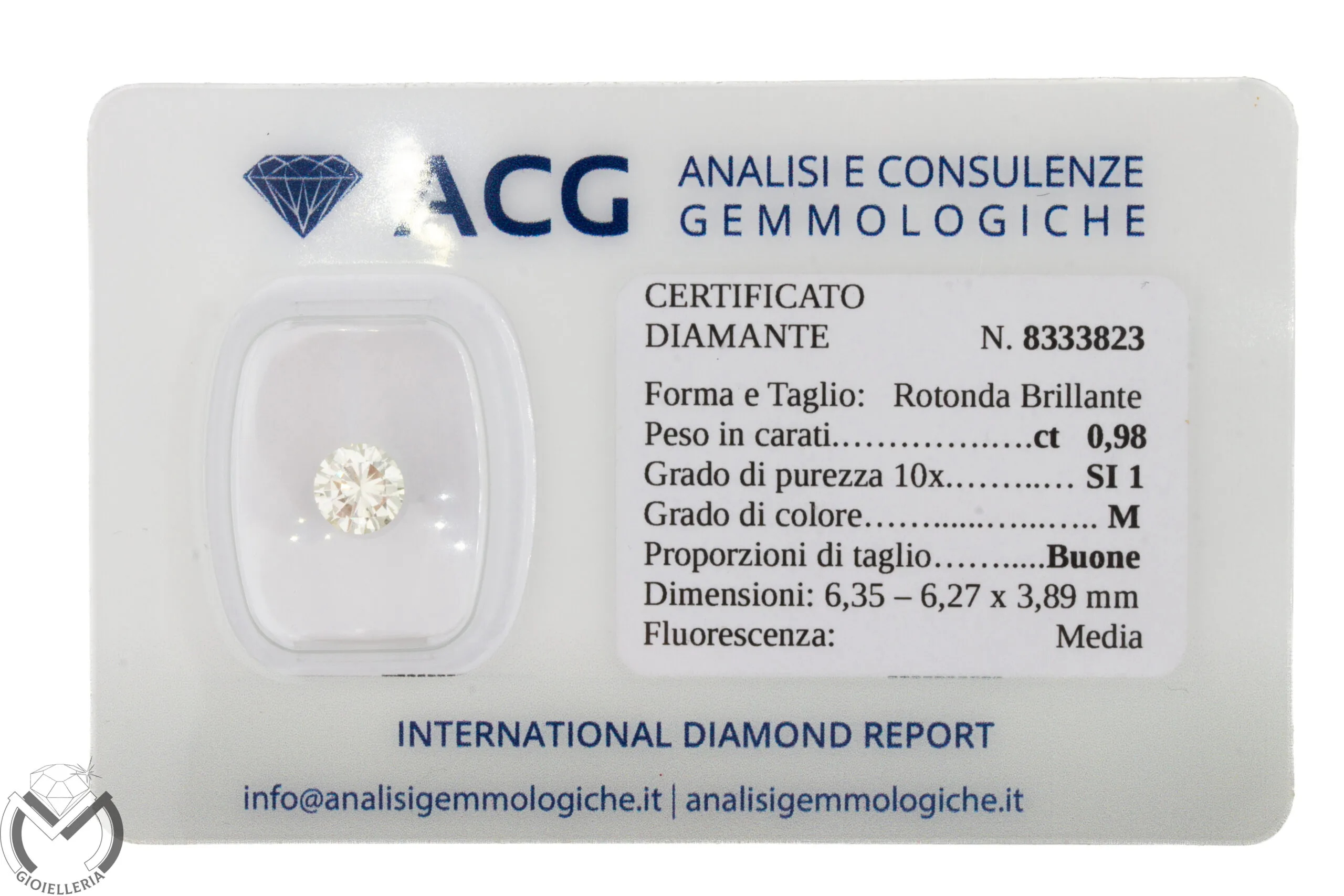 Diamante certificato ACG blisterato 0,98 ct – Colore M – Purezza SI1 -205/vv-