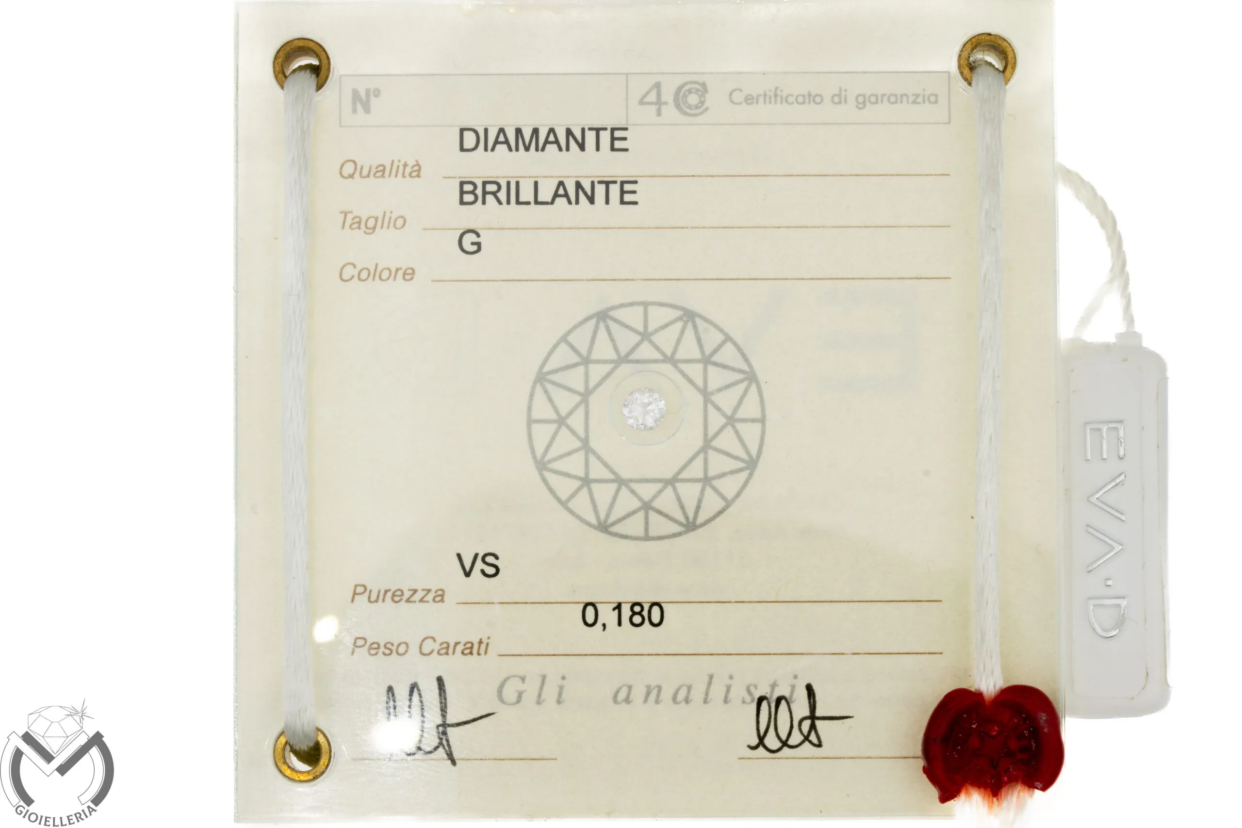Diamante certificato EVA-D blisterato 0,18 ct – Colore G – Purezza VS -620/VE-