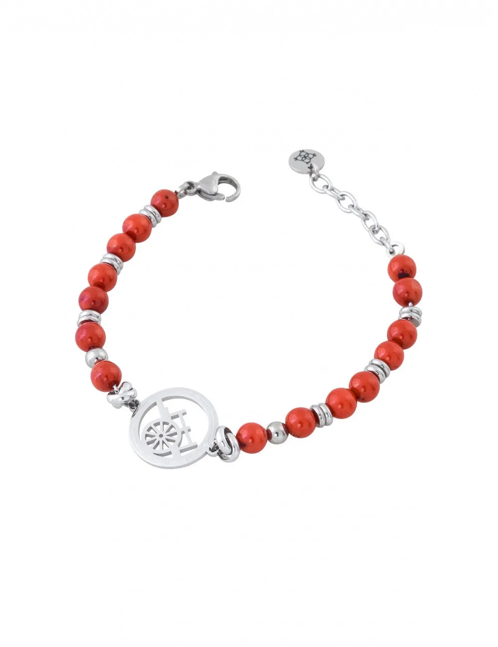 BRACCIALE CAMURRÌA U CARRETTU IN ACCIAIO CON SFERE ROSSE E CENTRALE CON CARRETTO - CJ.BR01T.3PC