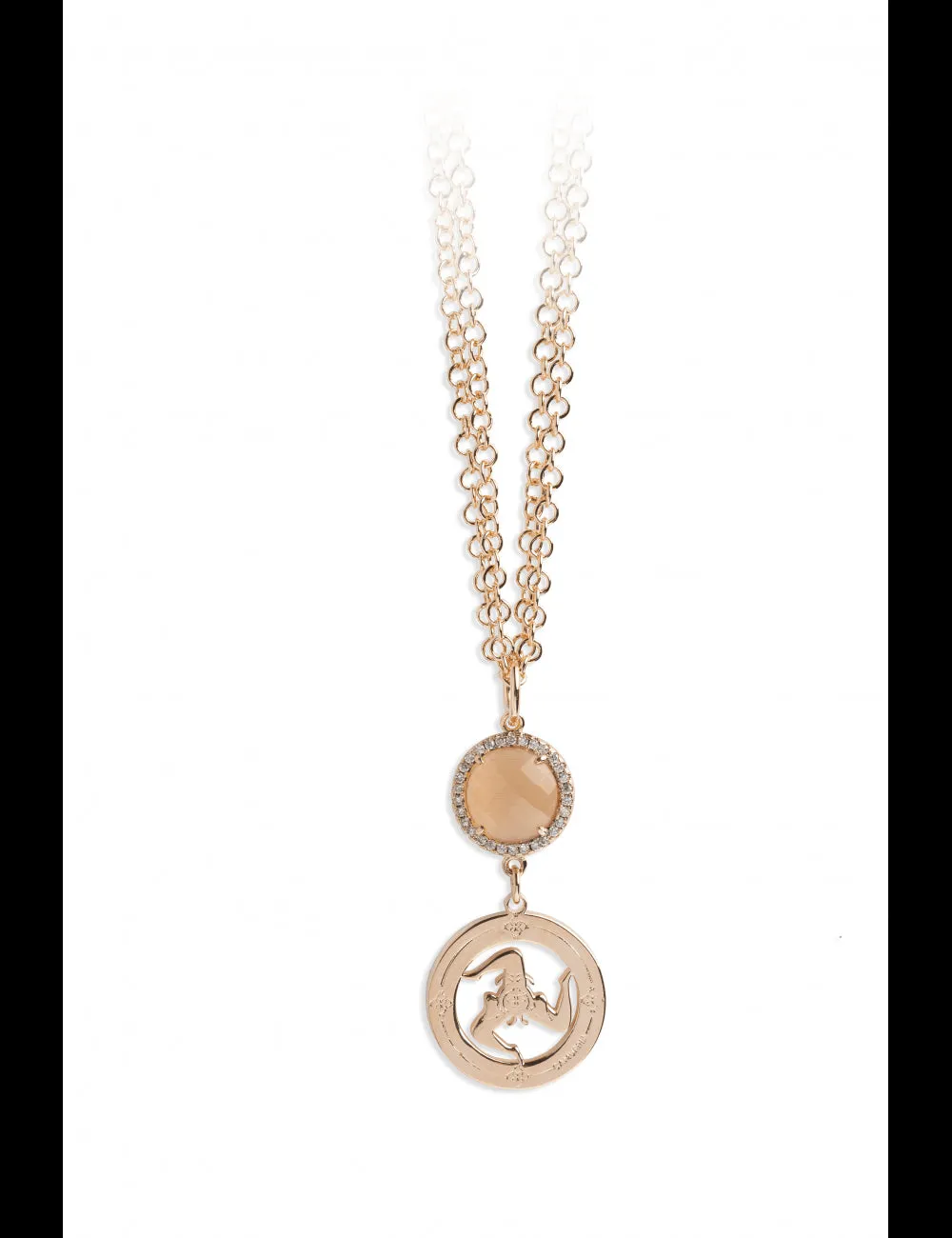 COLLANA CAMURRÌA A TRINACRIA 2 FILI PVD ORO ROSA CON QUARZO IDROTERMALE E PENDENTE CERCHIO CON TRINACRIA - CJ.CL02T.4RC