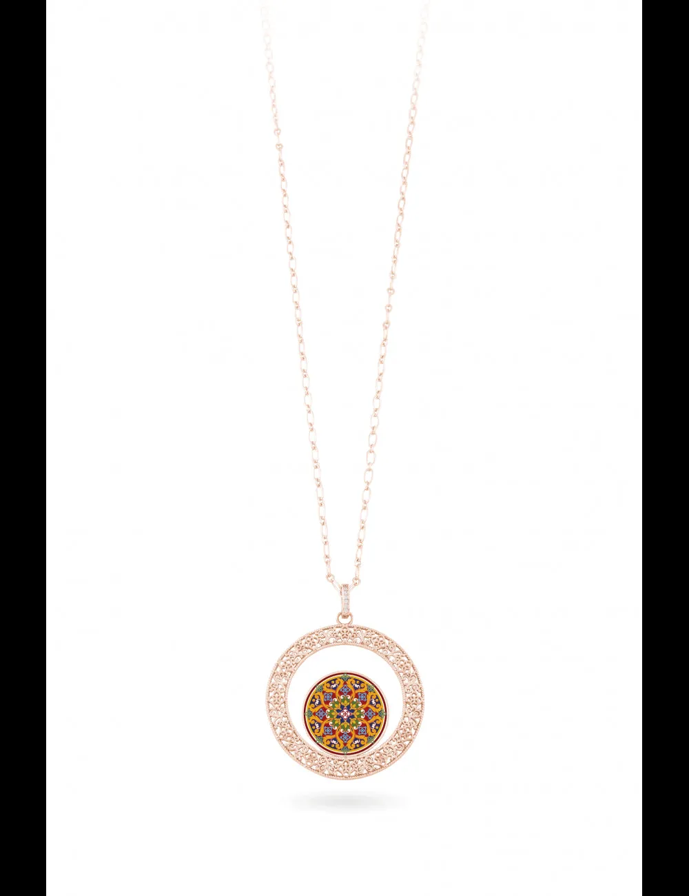 COLLANA CAMURRÌA SICILIA BEDDA COLLANA LUNGA PVD ORO ROSA CON PENDENTE TONDO STAMPA SICILIANA - CJ.CL30S.6