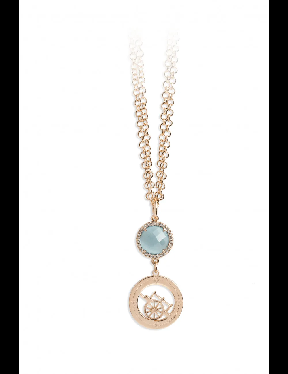 COLLANA CAMURRÌA U CARRETTU 2 FILI PVD ORO ROSA PENDENTE PIETRA AZZURRA E CARRETTO - CJ.CL01T.4RA