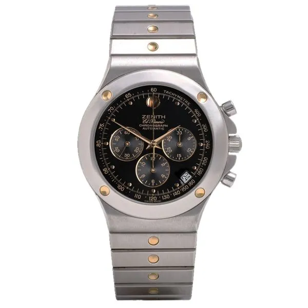 Zenith / El Primero Pacific / orologio uomo / cronografo / quadrante nero / cassa e bracciale acciaio con dettagli dorati